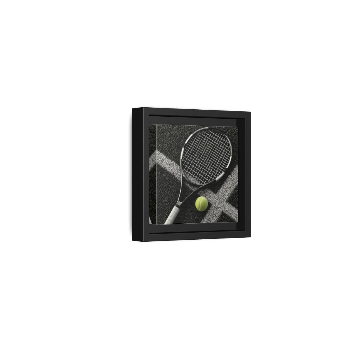 Side Mockup 24. Tennis Racket & Ball shown as framed canvas print