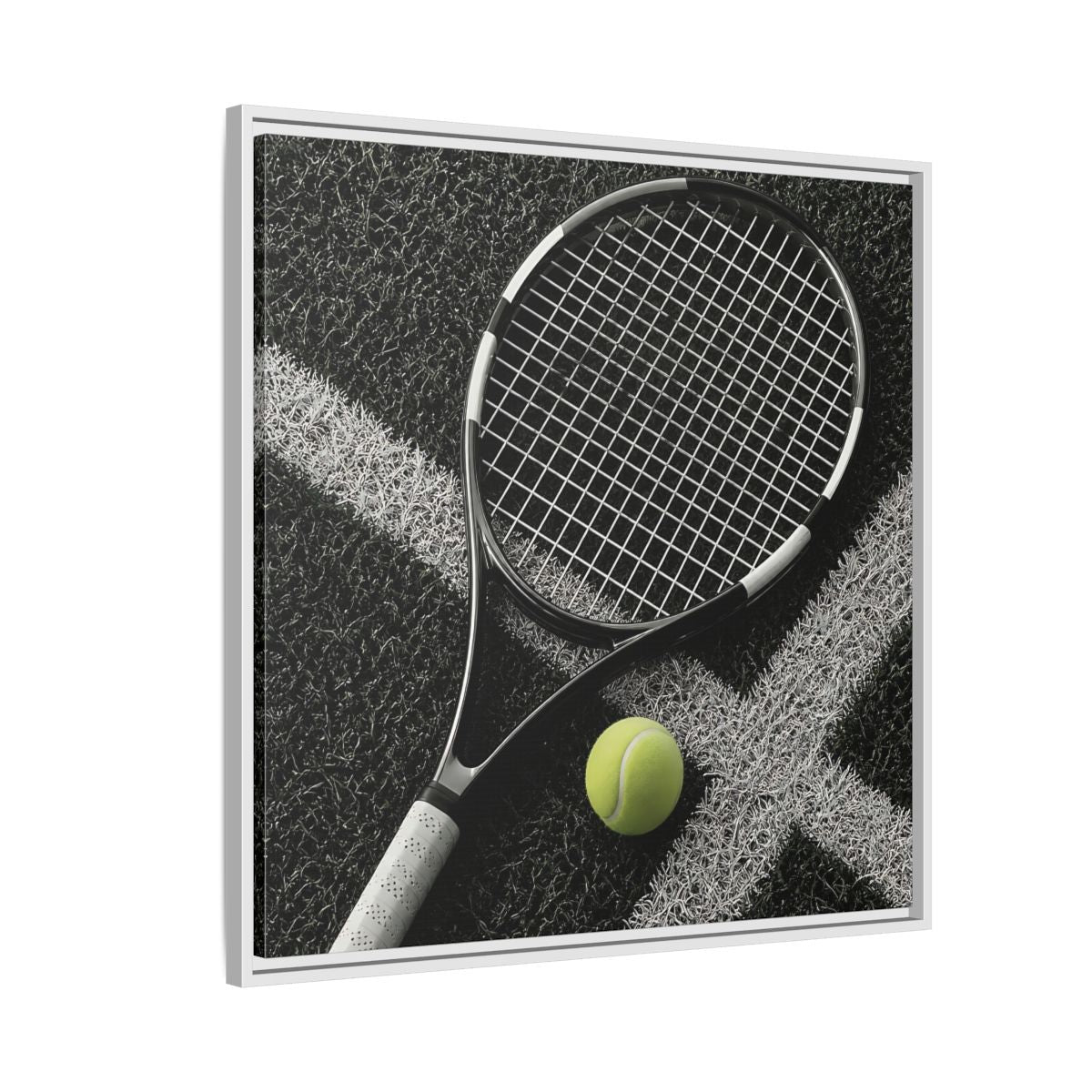 Side Mockup 7. Tennis Racket & Ball shown as framed canvas print