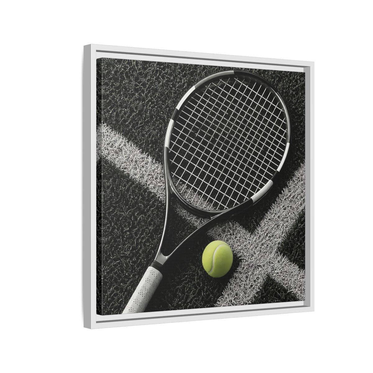 Side Mockup 10. Tennis Racket & Ball shown as framed canvas print