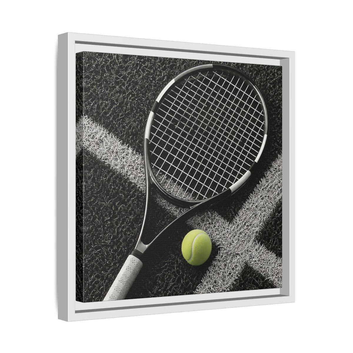 Side Mockup 28. Tennis Racket & Ball shown as framed canvas print