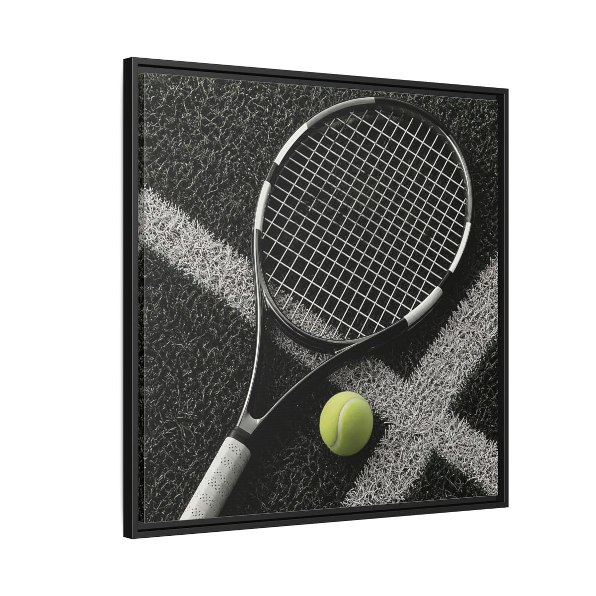 Side Mockup 9. Tennis Racket & Ball shown as framed canvas print