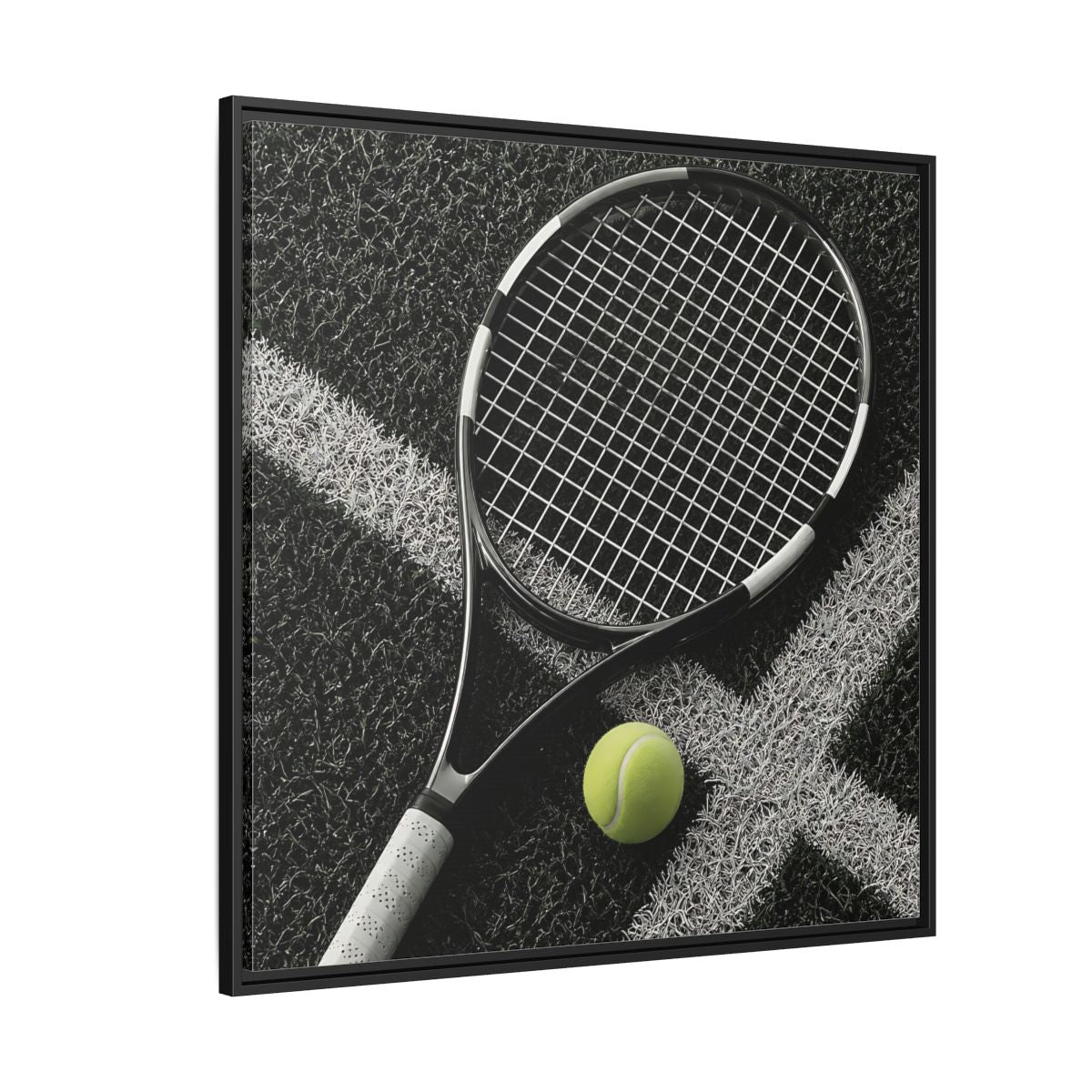 Side Mockup 6. Tennis Racket & Ball shown as framed canvas print