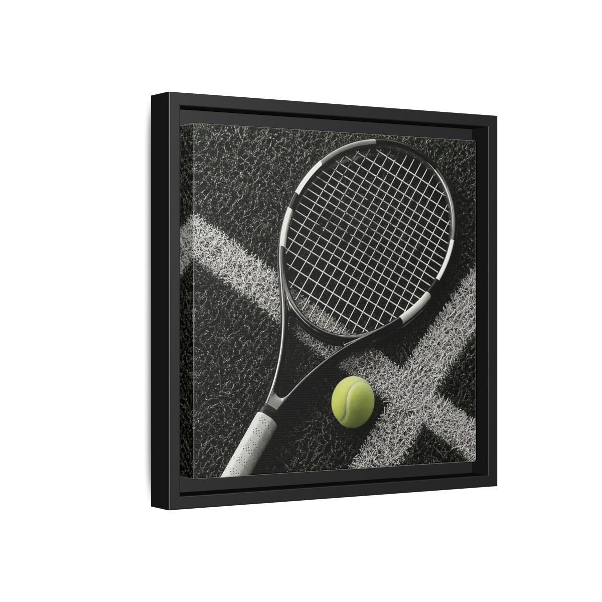Side Mockup 18. Tennis Racket & Ball shown as framed canvas print