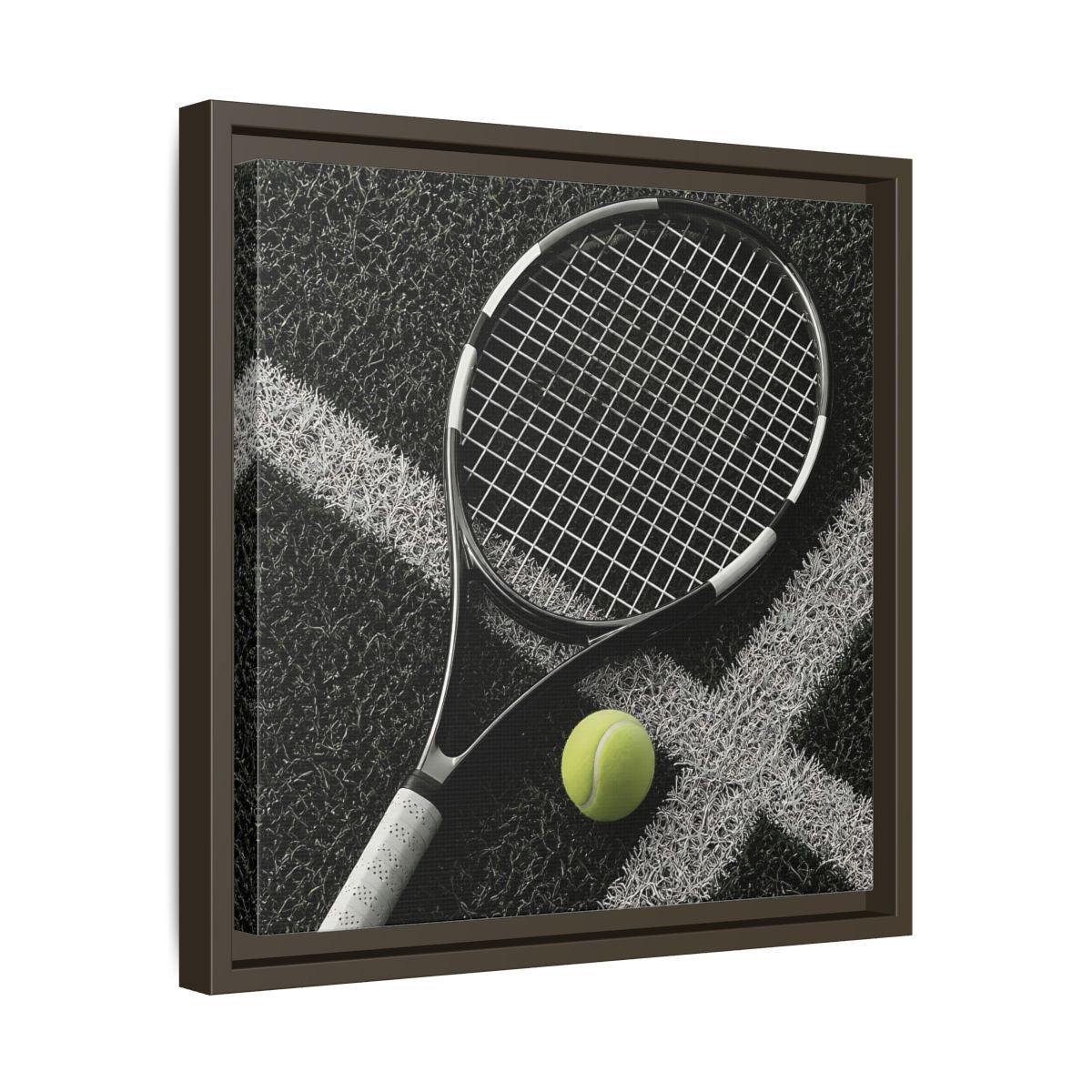Side Mockup 29. Tennis Racket & Ball shown as framed canvas print