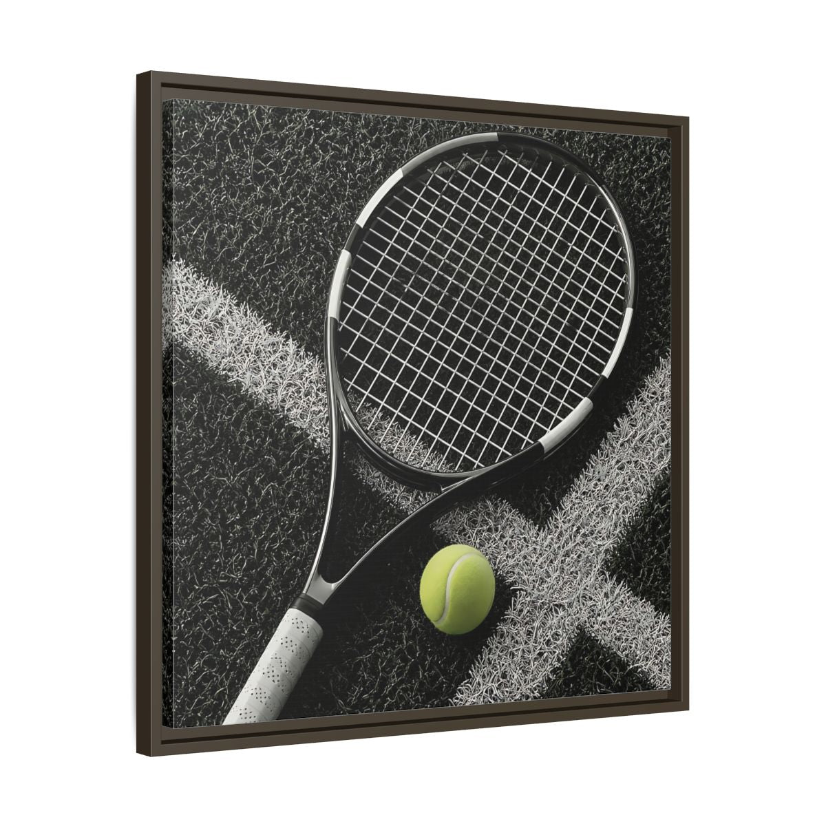 Side Mockup 27. Tennis Racket & Ball shown as framed canvas print