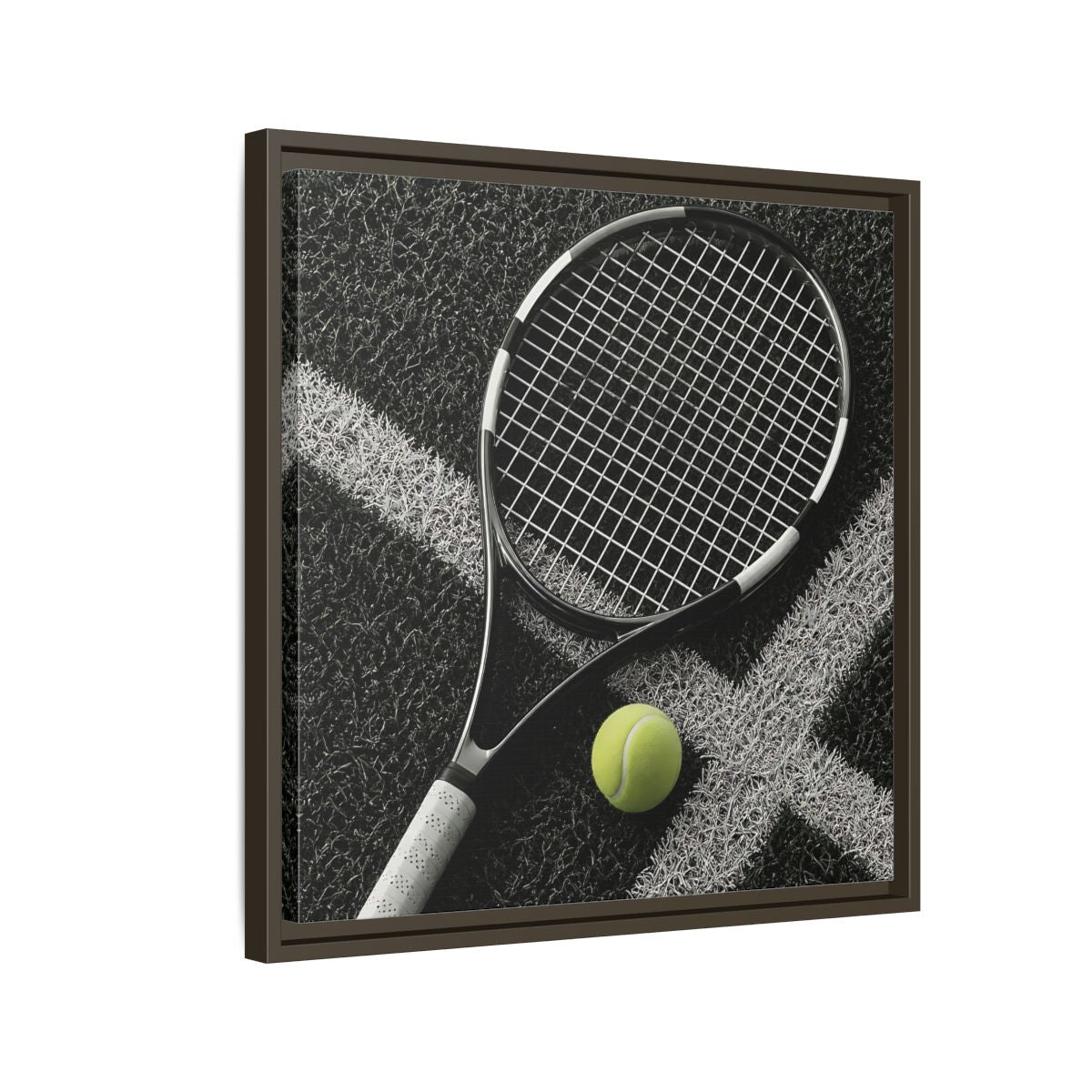 Side Mockup 11. Tennis Racket & Ball shown as framed canvas print