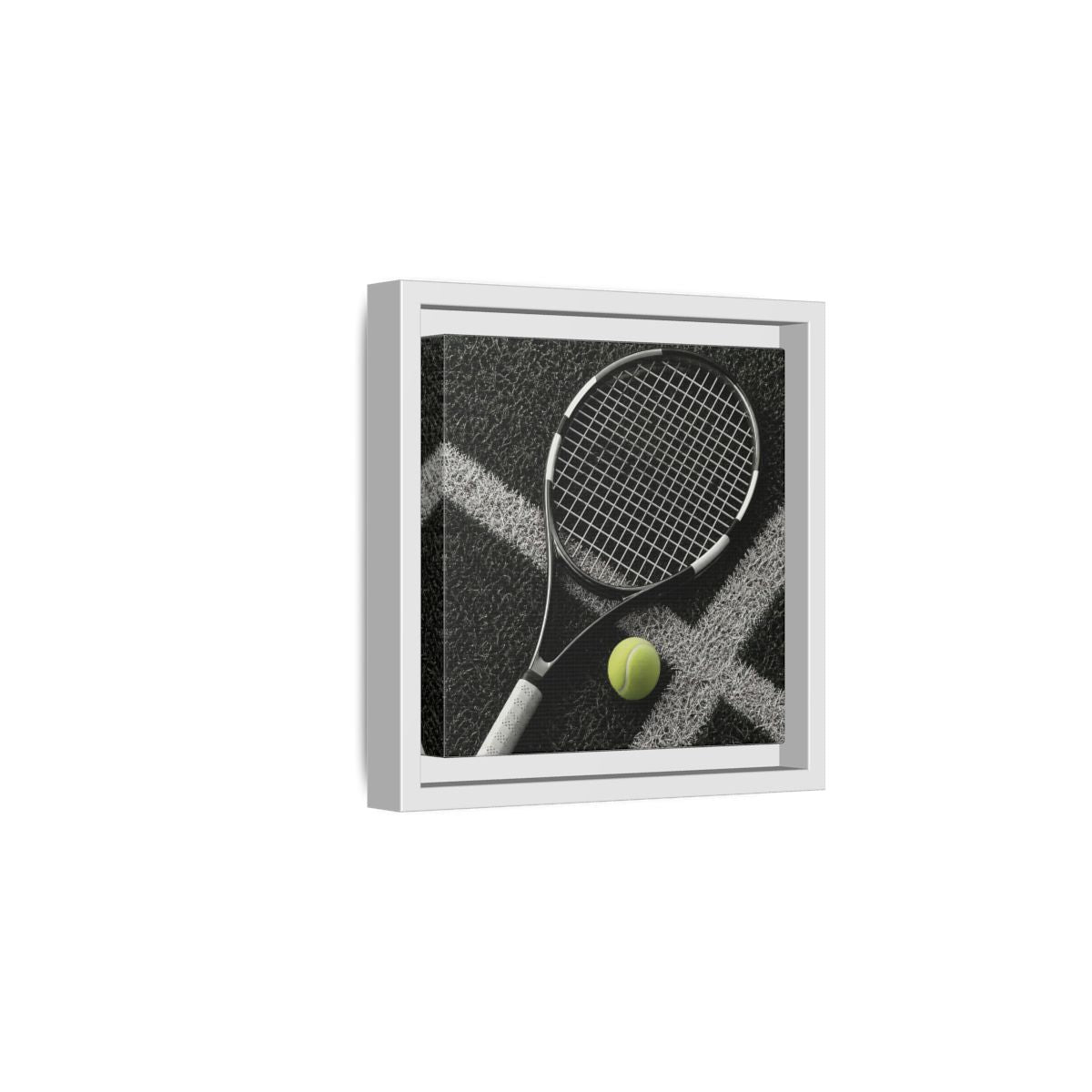 Side Mockup 1. Tennis Racket & Ball shown as framed canvas print