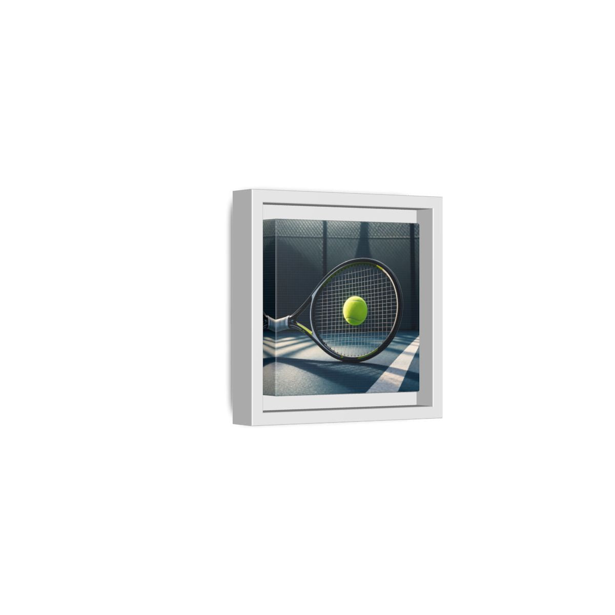 Side Mockup 22. Tennis Racket & Ball shown as framed canvas print