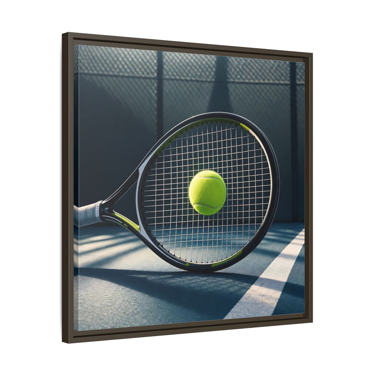 Side Mockup 27. Tennis Racket & Ball shown as framed canvas print