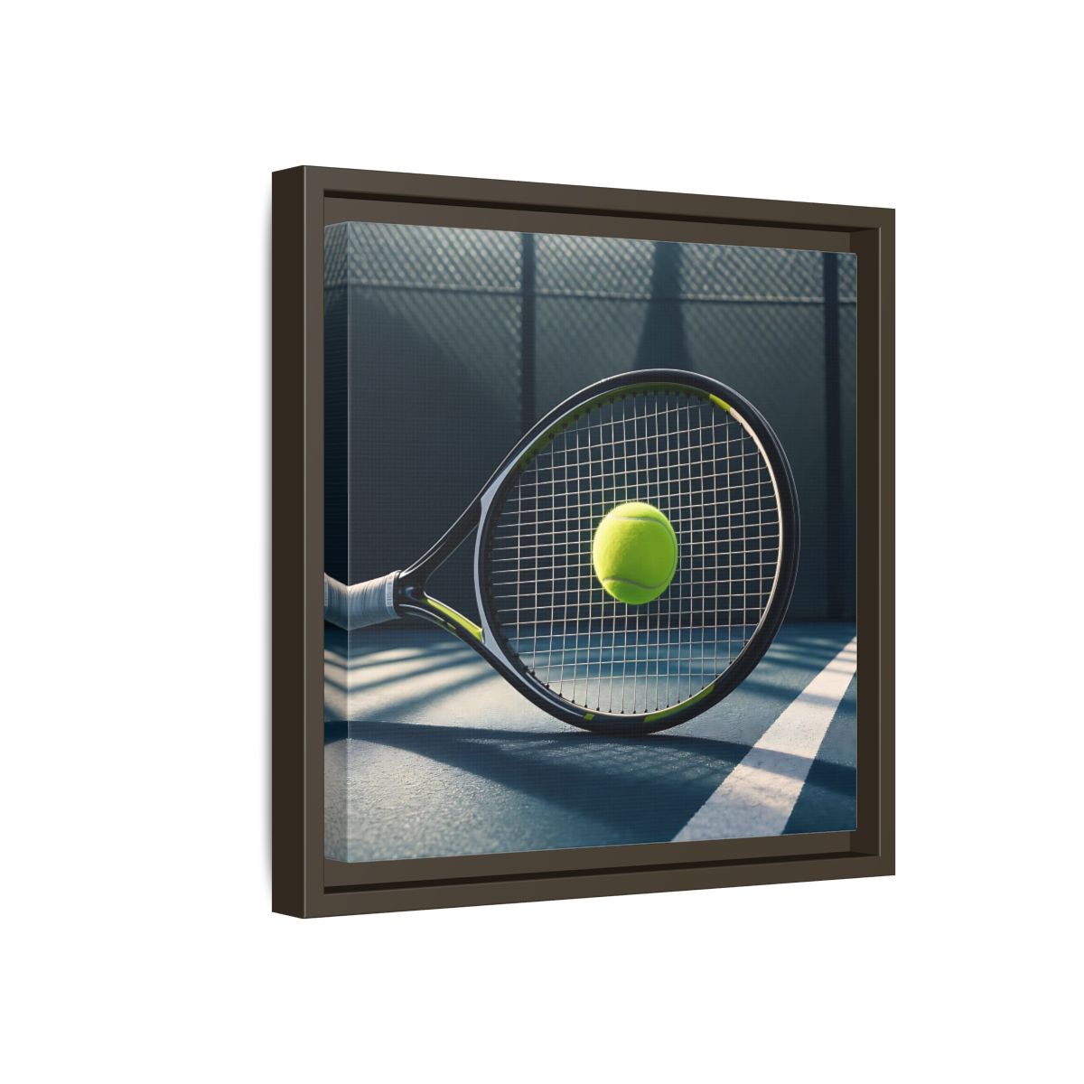 Side Mockup 17. Tennis Racket & Ball shown as framed canvas print