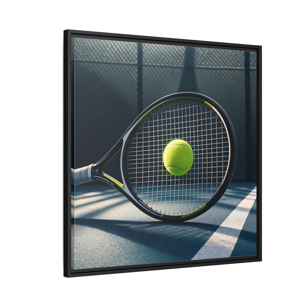 Side Mockup 9. Tennis Racket & Ball shown as framed canvas print