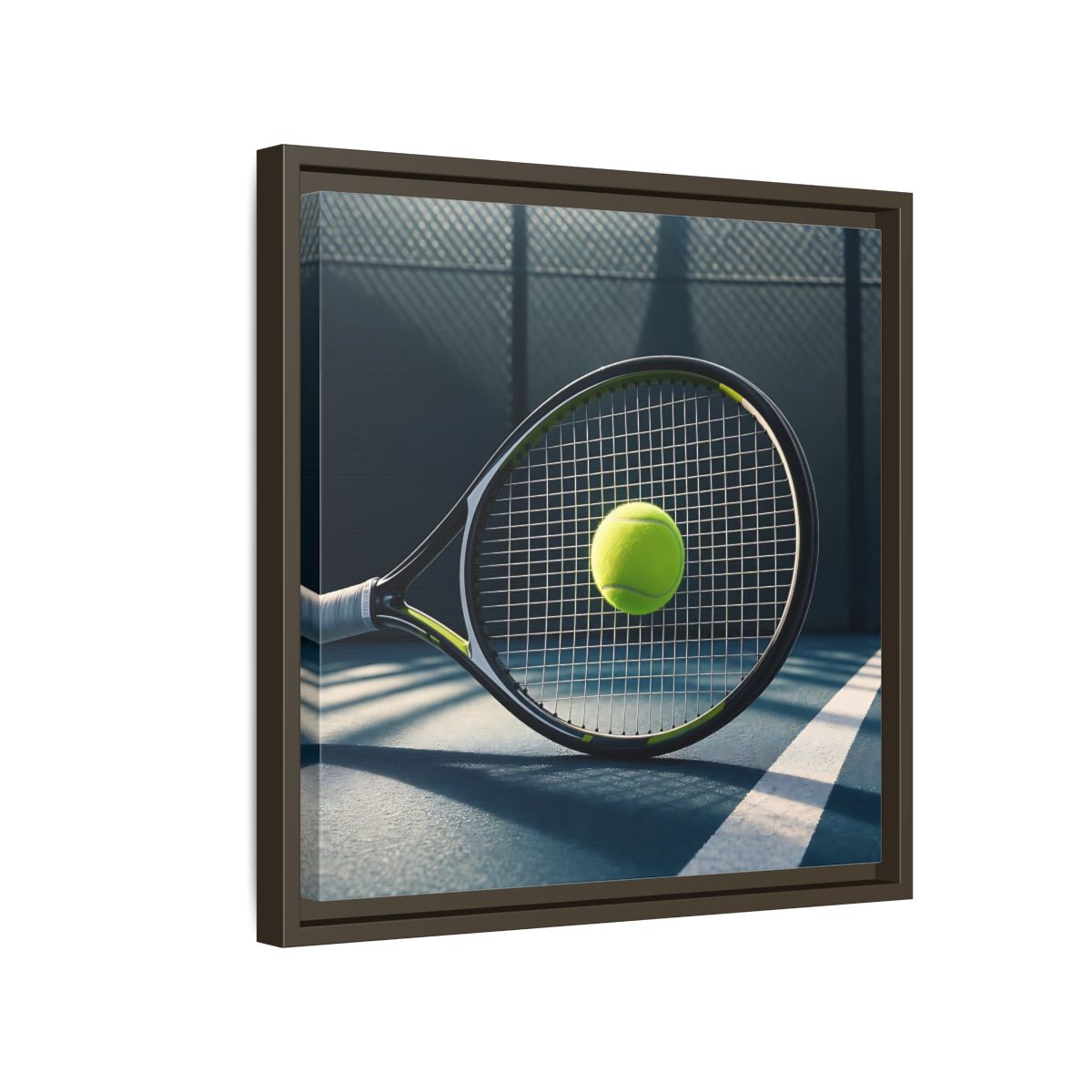Side Mockup 14. Tennis Racket & Ball shown as framed canvas print