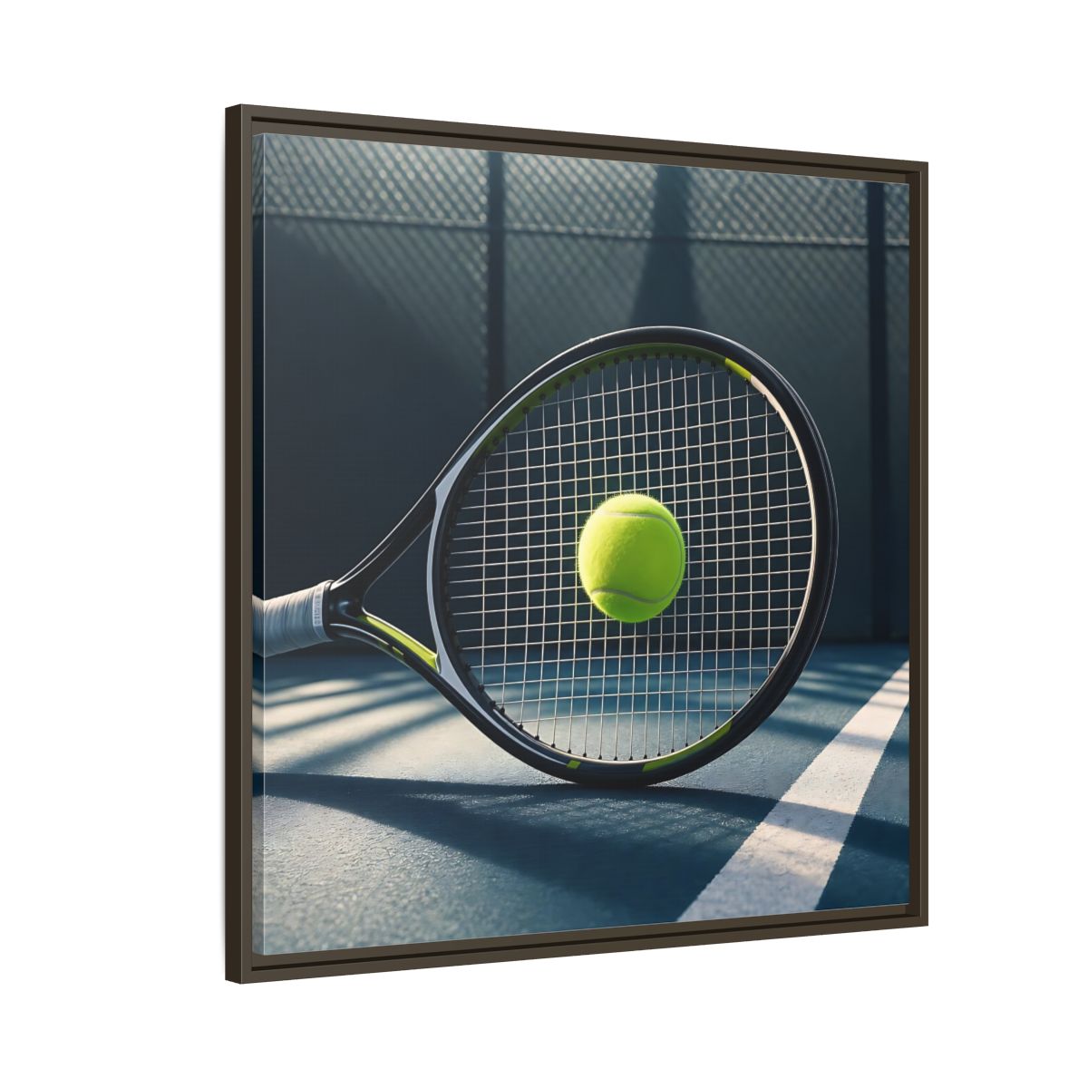 Side Mockup 8. Tennis Racket & Ball shown as framed canvas print