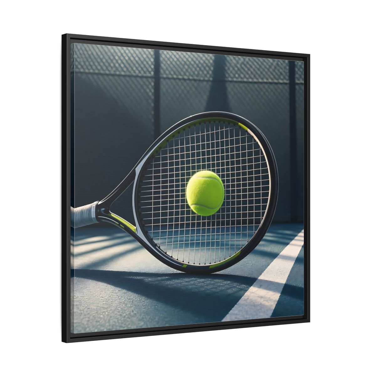 Side Mockup 30. Tennis Racket & Ball shown as framed canvas print