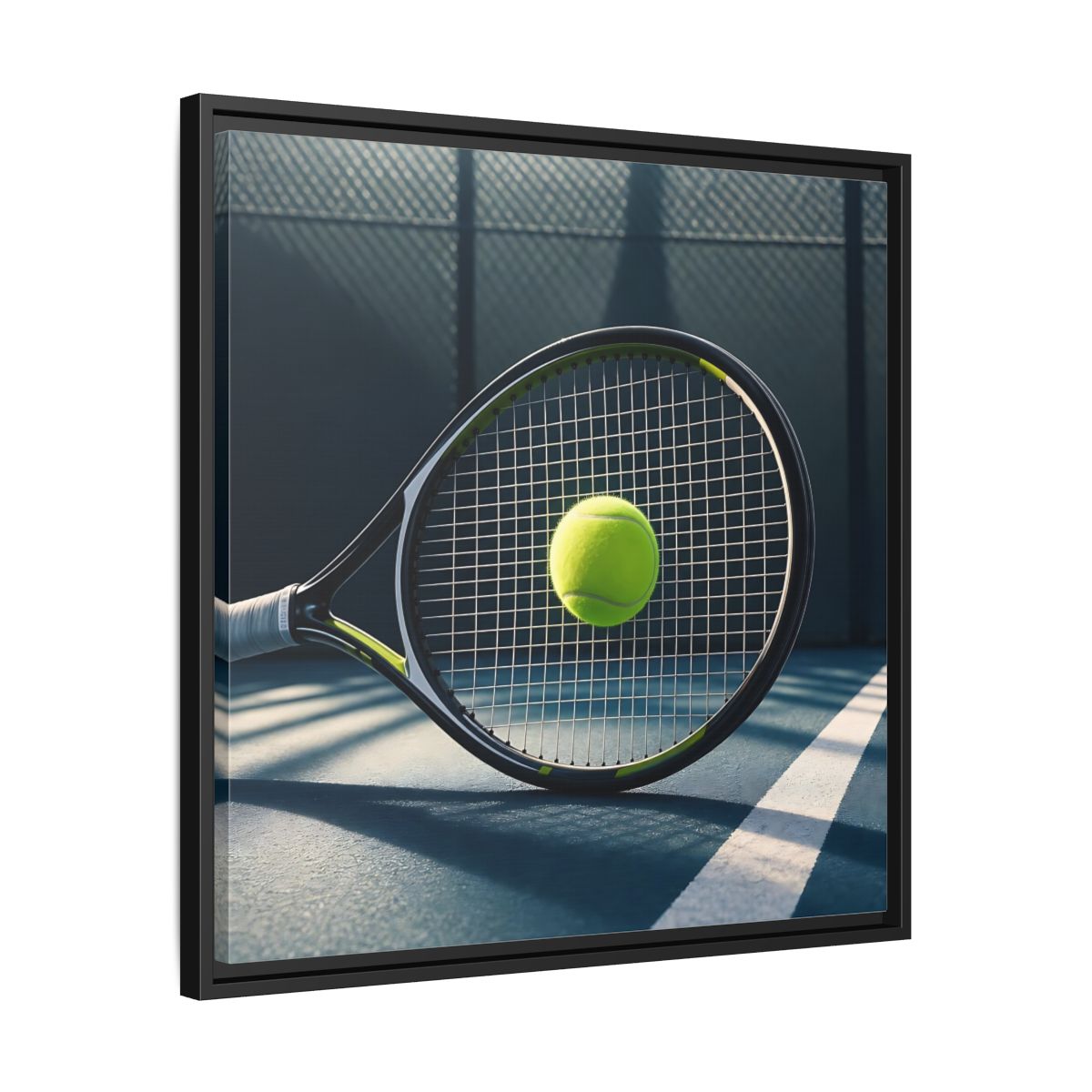 Side Mockup 31. Tennis Racket & Ball shown as framed canvas print