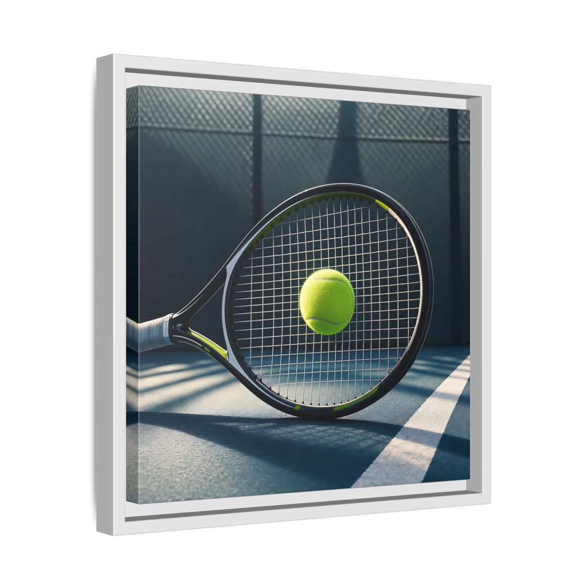 Side Mockup 28. Tennis Racket & Ball shown as framed canvas print