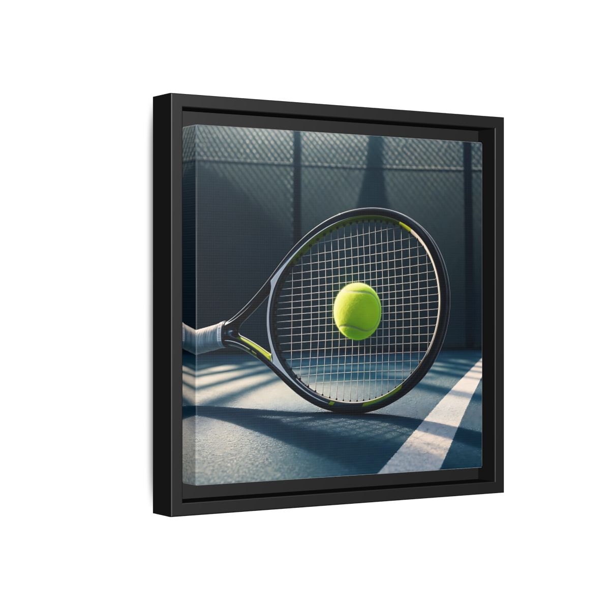 Side Mockup 18. Tennis Racket & Ball shown as framed canvas print