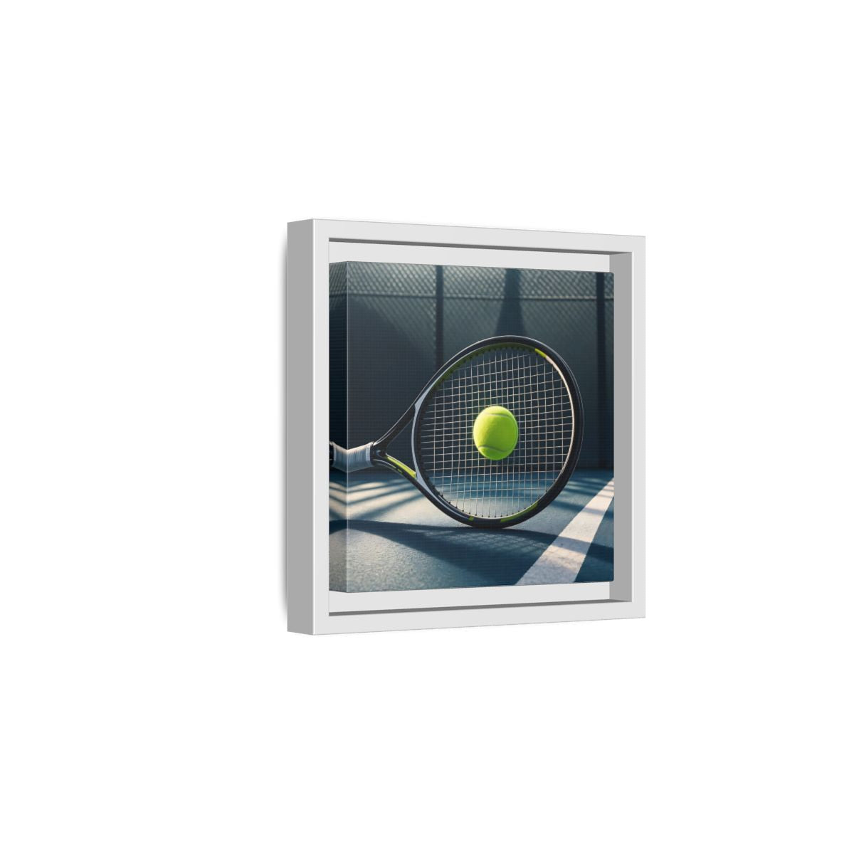 Side Mockup 1. Tennis Racket & Ball shown as framed canvas print