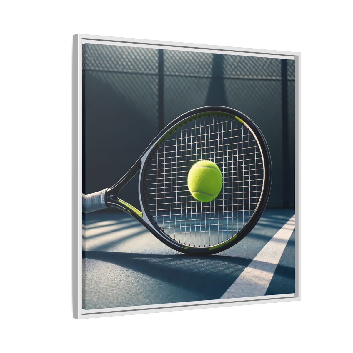 Side Mockup 7. Tennis Racket & Ball shown as framed canvas print