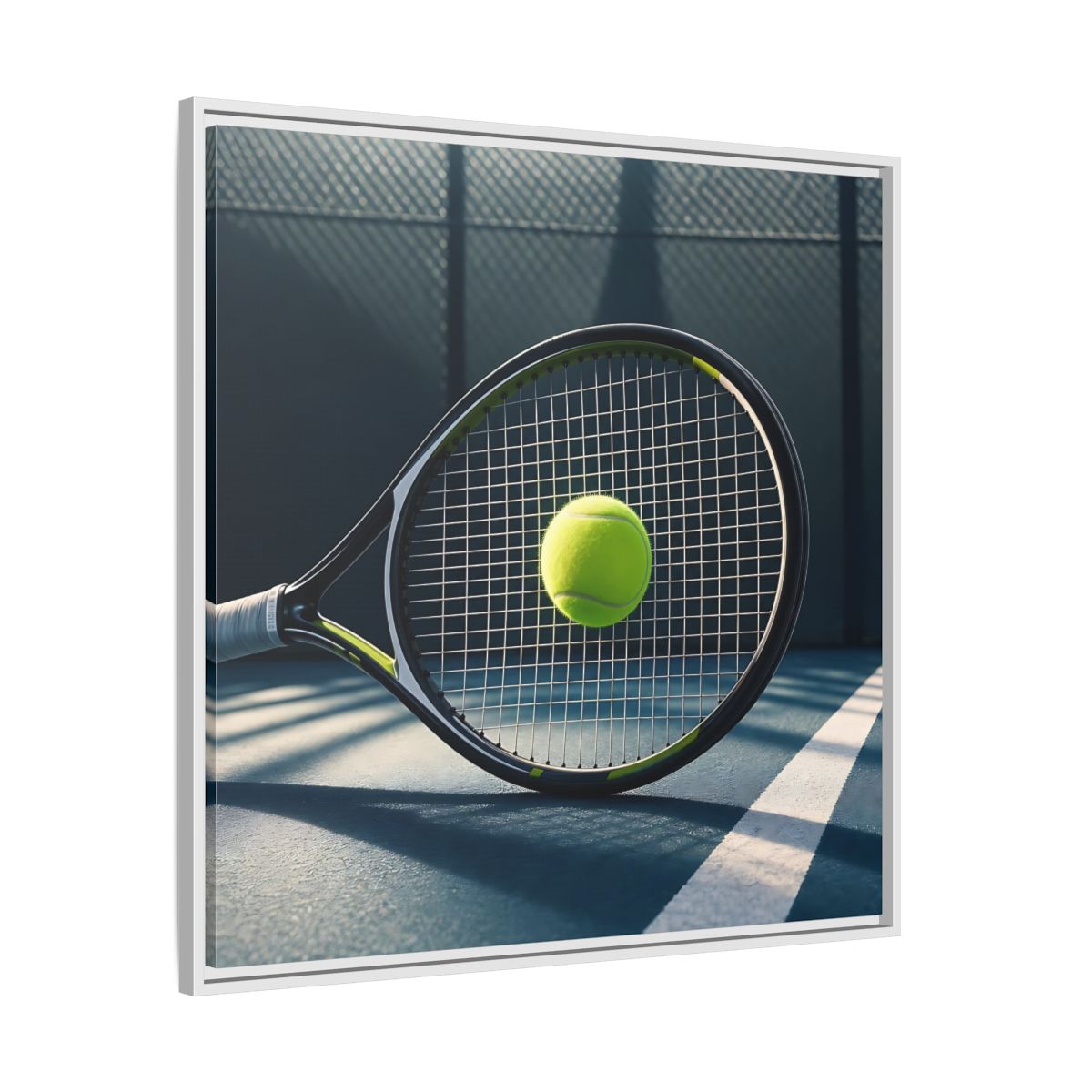 Side Mockup 25. Tennis Racket & Ball shown as framed canvas print