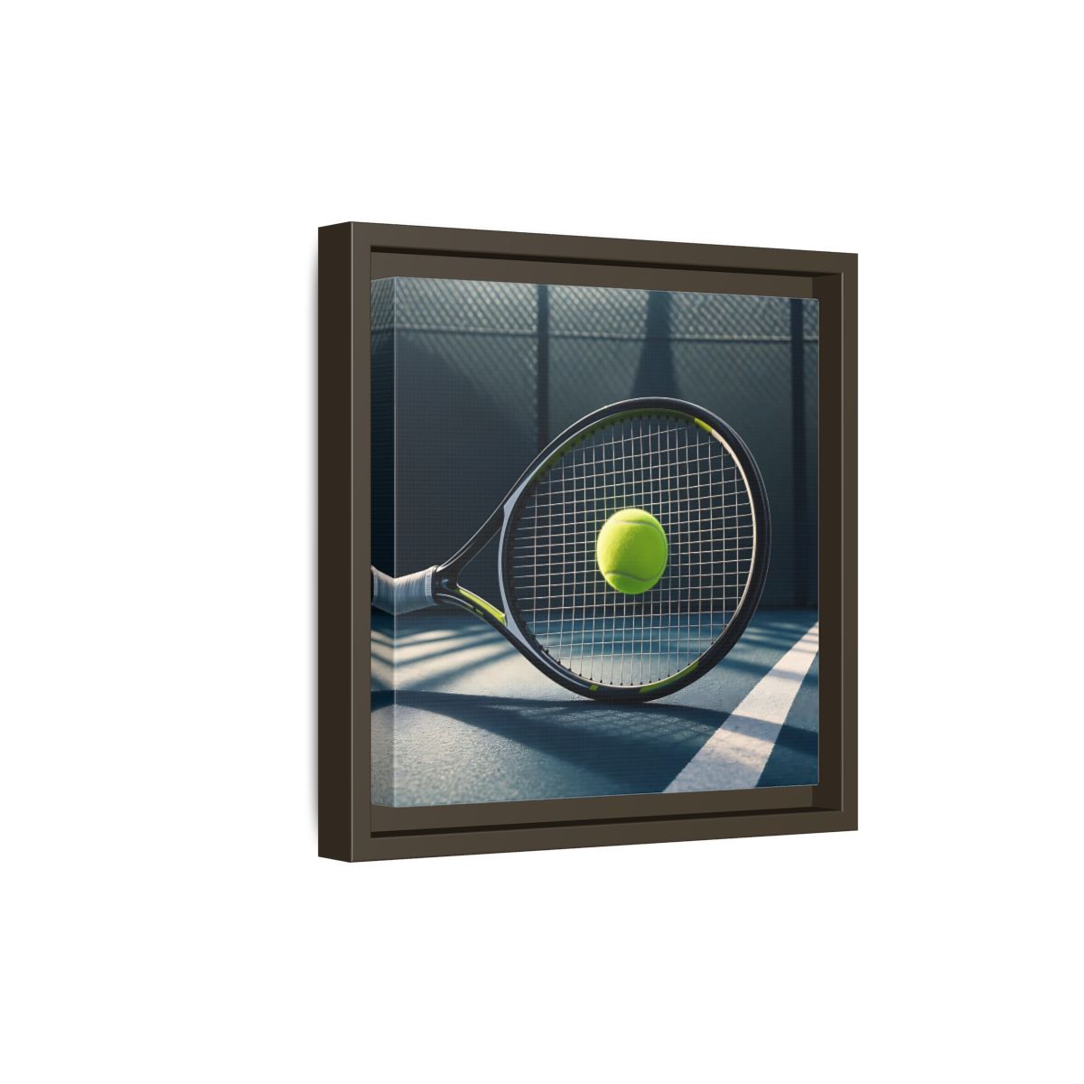 Side Mockup 20. Tennis Racket & Ball shown as framed canvas print