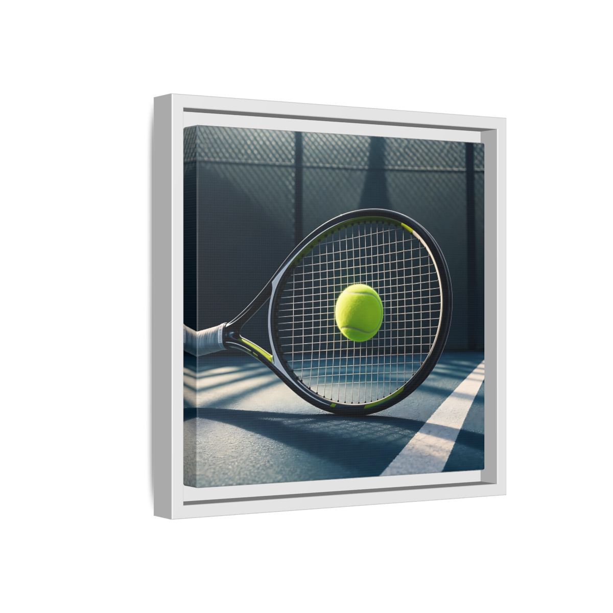 Side Mockup 16. Tennis Racket & Ball shown as framed canvas print