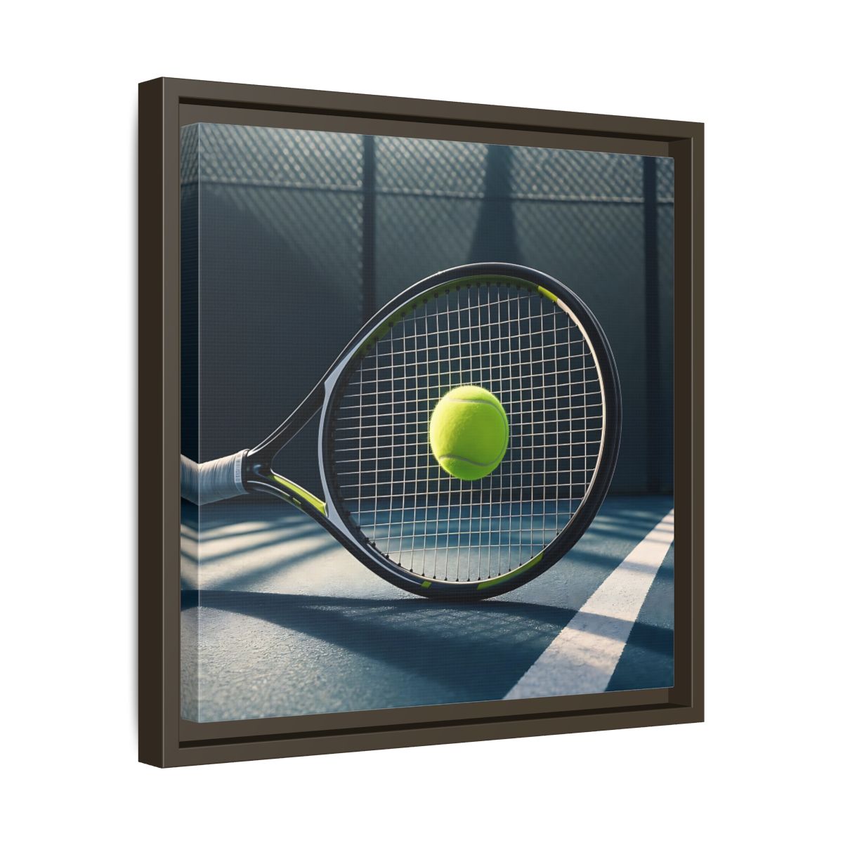 Side Mockup 29. Tennis Racket & Ball shown as framed canvas print