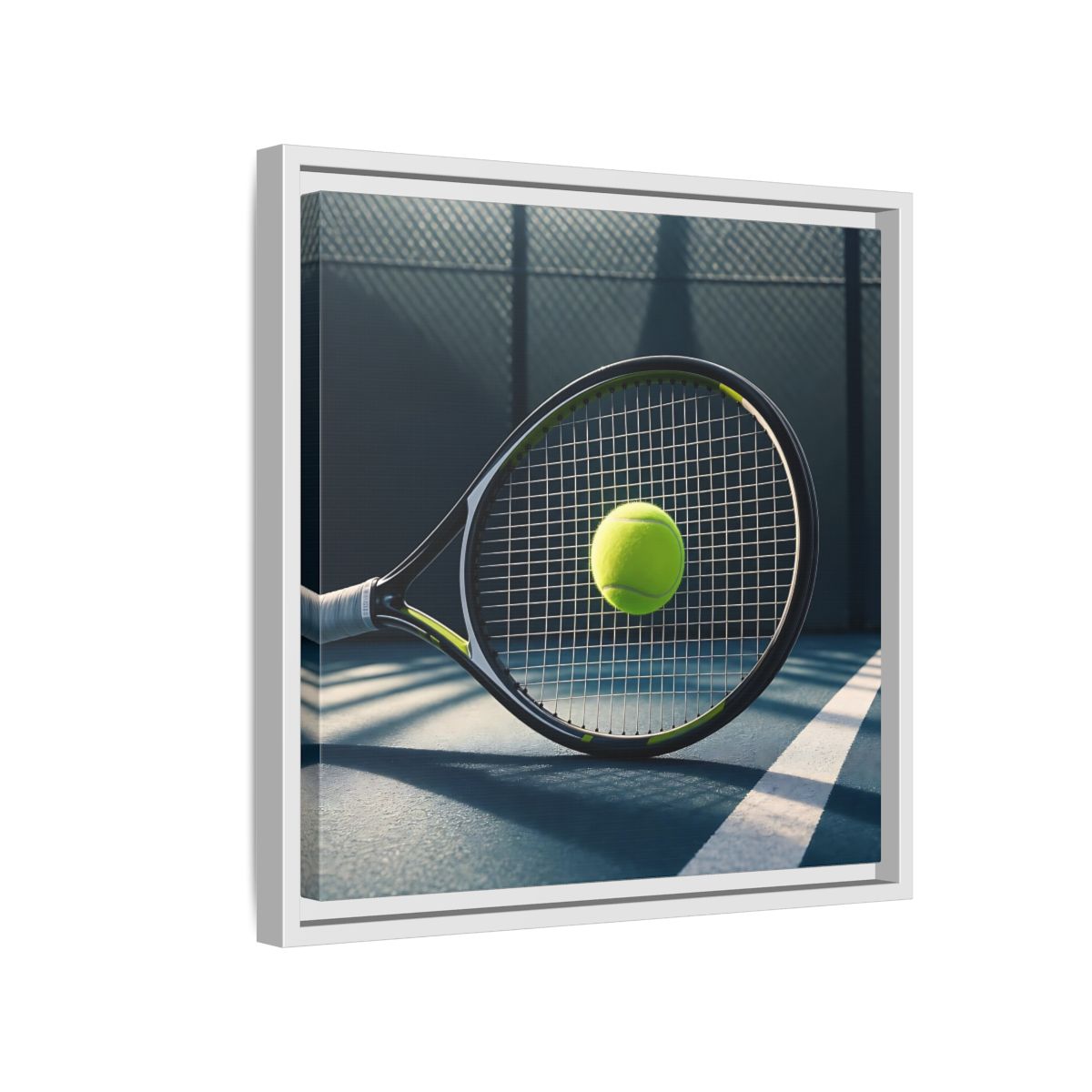 Side Mockup 13. Tennis Racket & Ball shown as framed canvas print