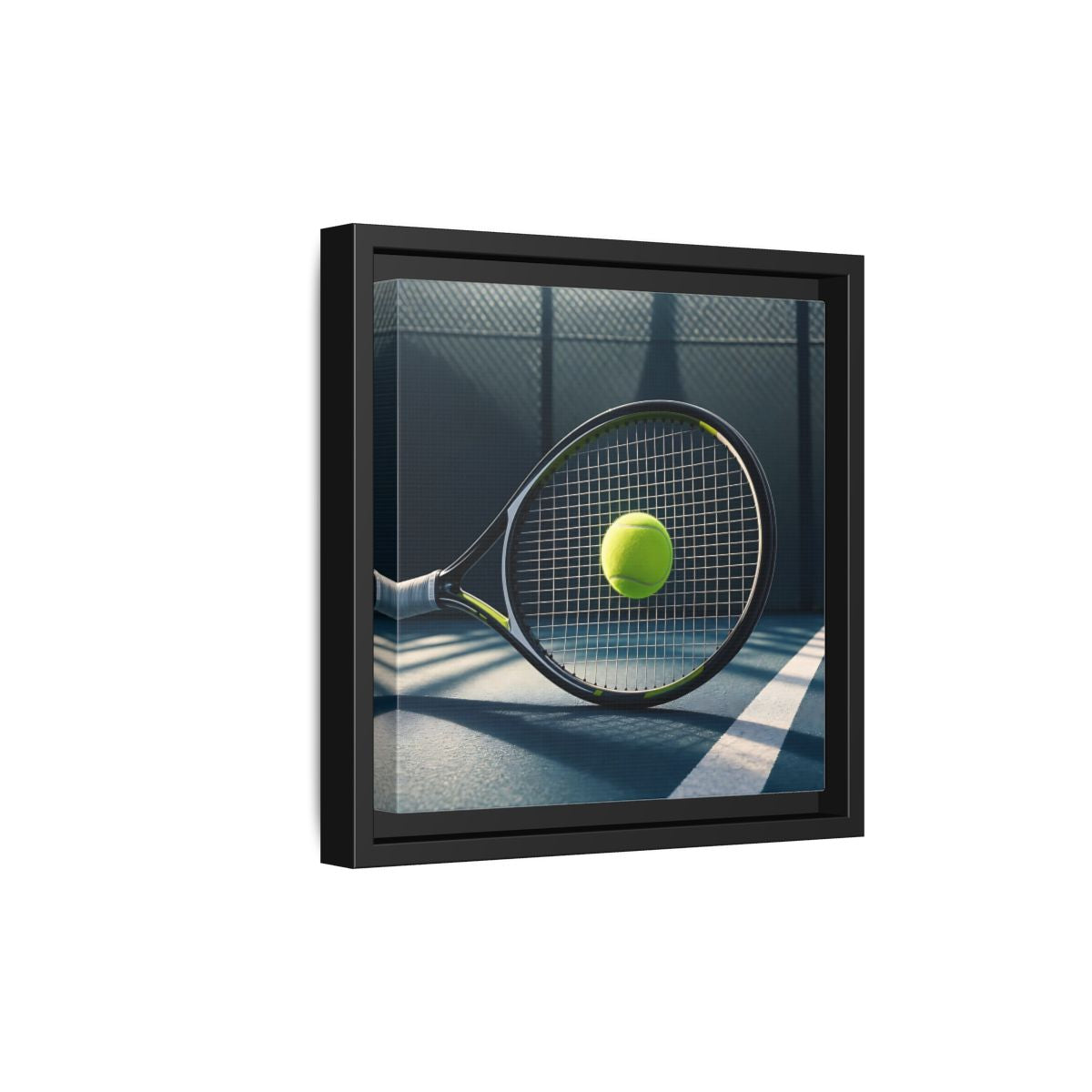 Side Mockup 21. Tennis Racket & Ball shown as framed canvas print