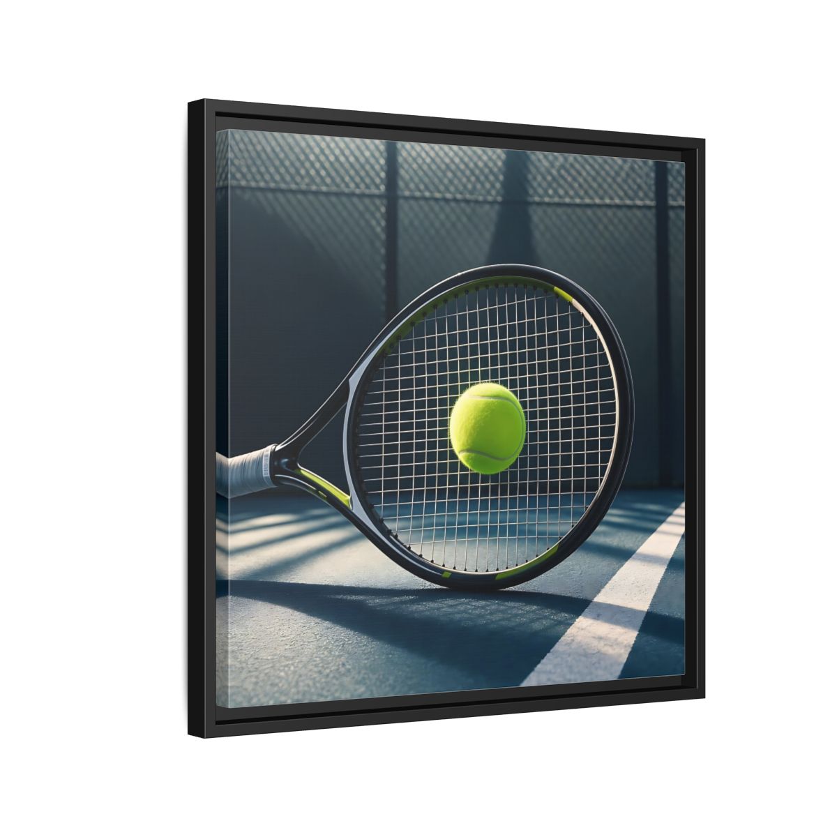 Side Mockup 12. Tennis Racket & Ball shown as framed canvas print