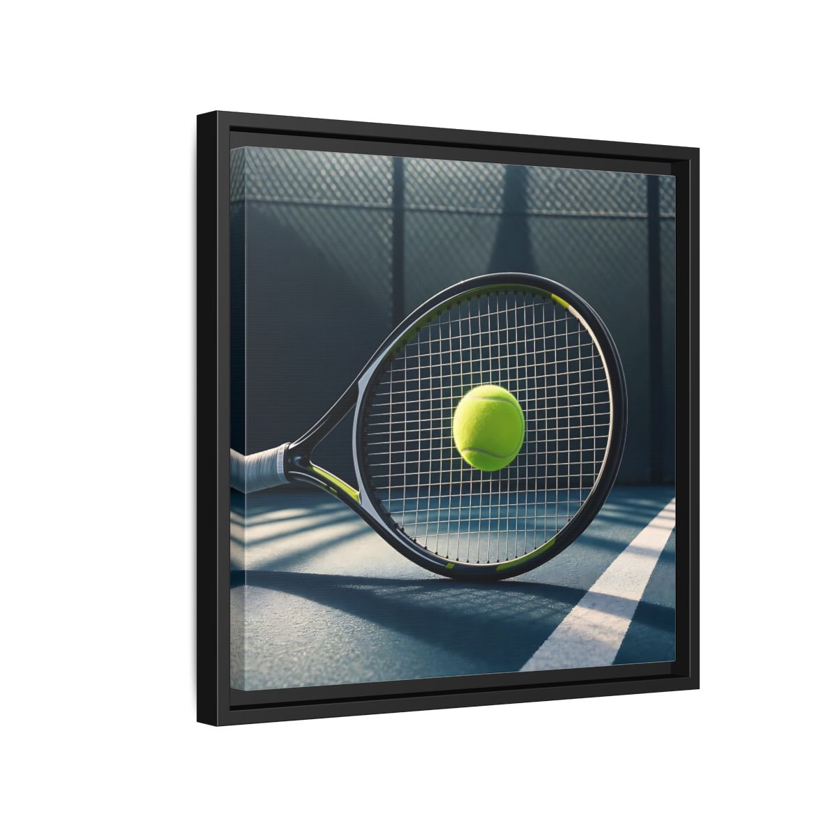 Side Mockup 15. Tennis Racket & Ball shown as framed canvas print
