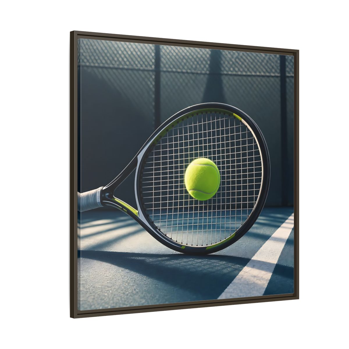 Side Mockup 5. Tennis Racket & Ball shown as framed canvas print