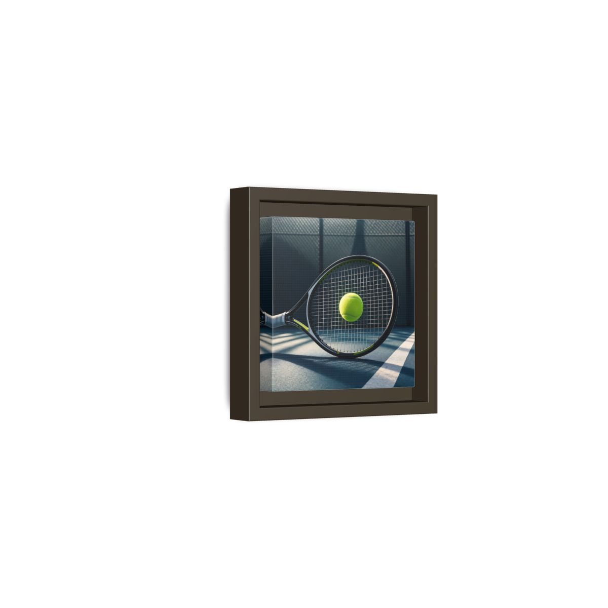 Side Mockup 23. Tennis Racket & Ball shown as framed canvas print