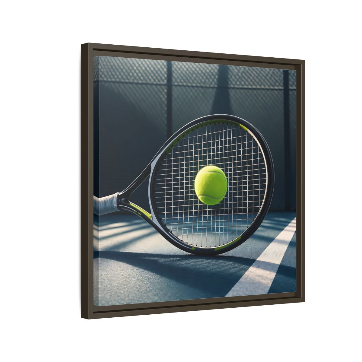 Side Mockup 11. Tennis Racket & Ball shown as framed canvas print