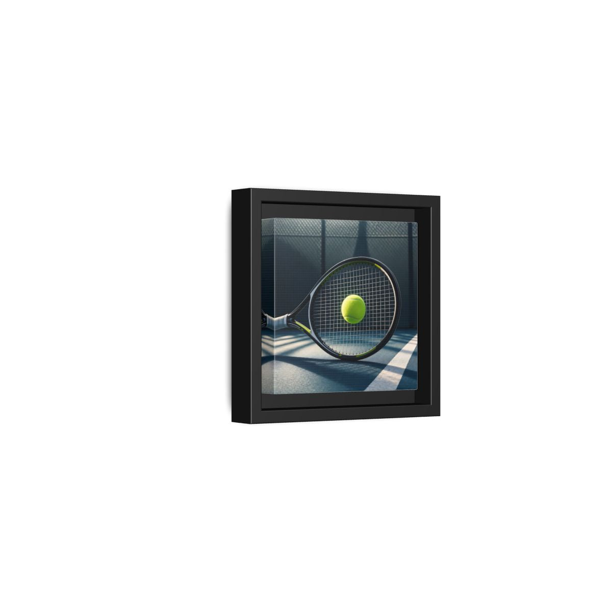 Side Mockup 24. Tennis Racket & Ball shown as framed canvas print