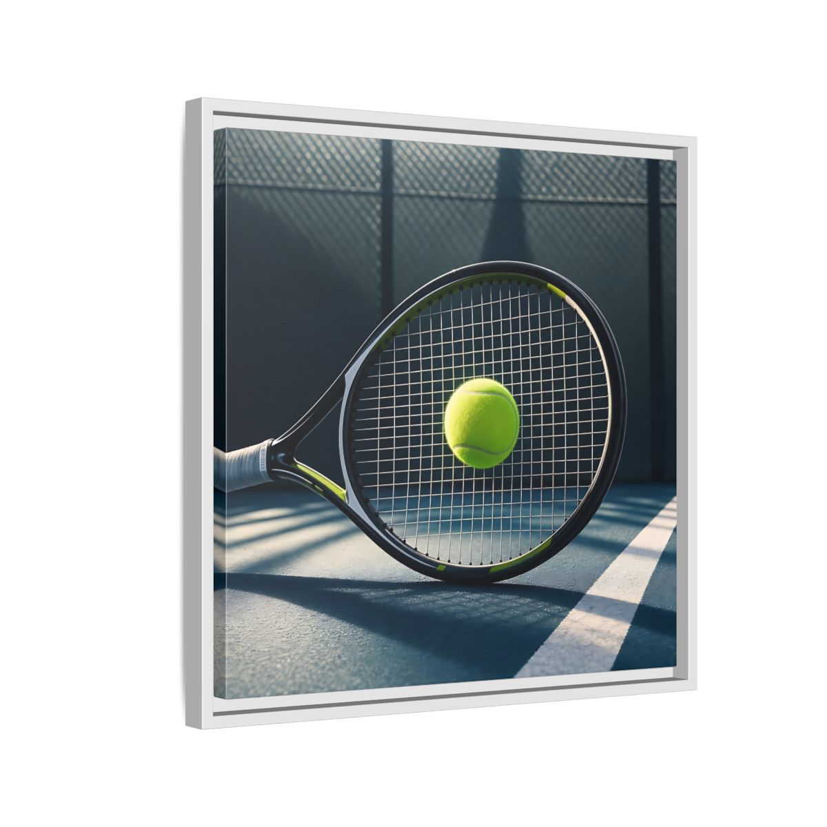 Side Mockup 10. Tennis Racket & Ball shown as framed canvas print