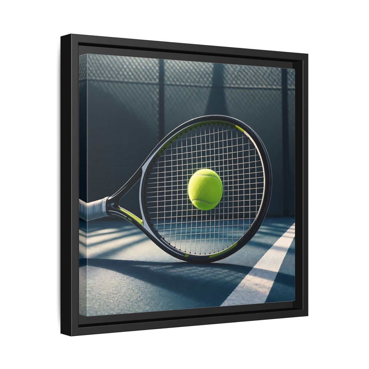 Side Mockup 32. Tennis Racket & Ball shown as framed canvas print