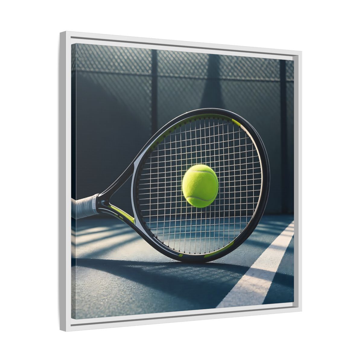 Side Mockup 26. Tennis Racket & Ball shown as framed canvas print