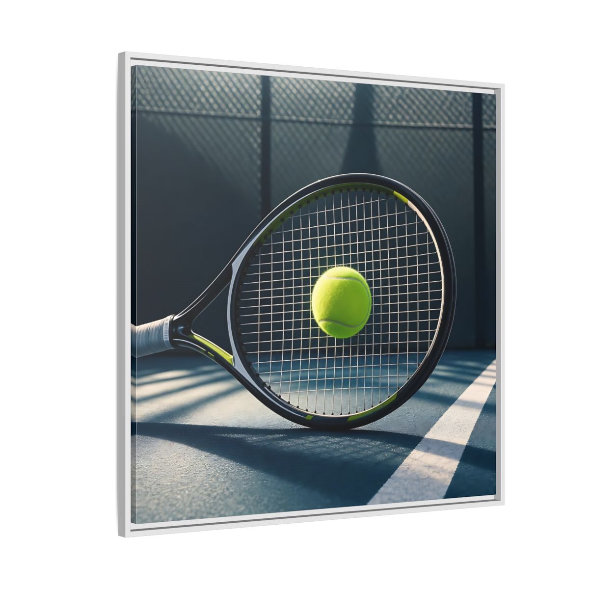 Side Mockup 4. Tennis Racket & Ball shown as framed canvas print