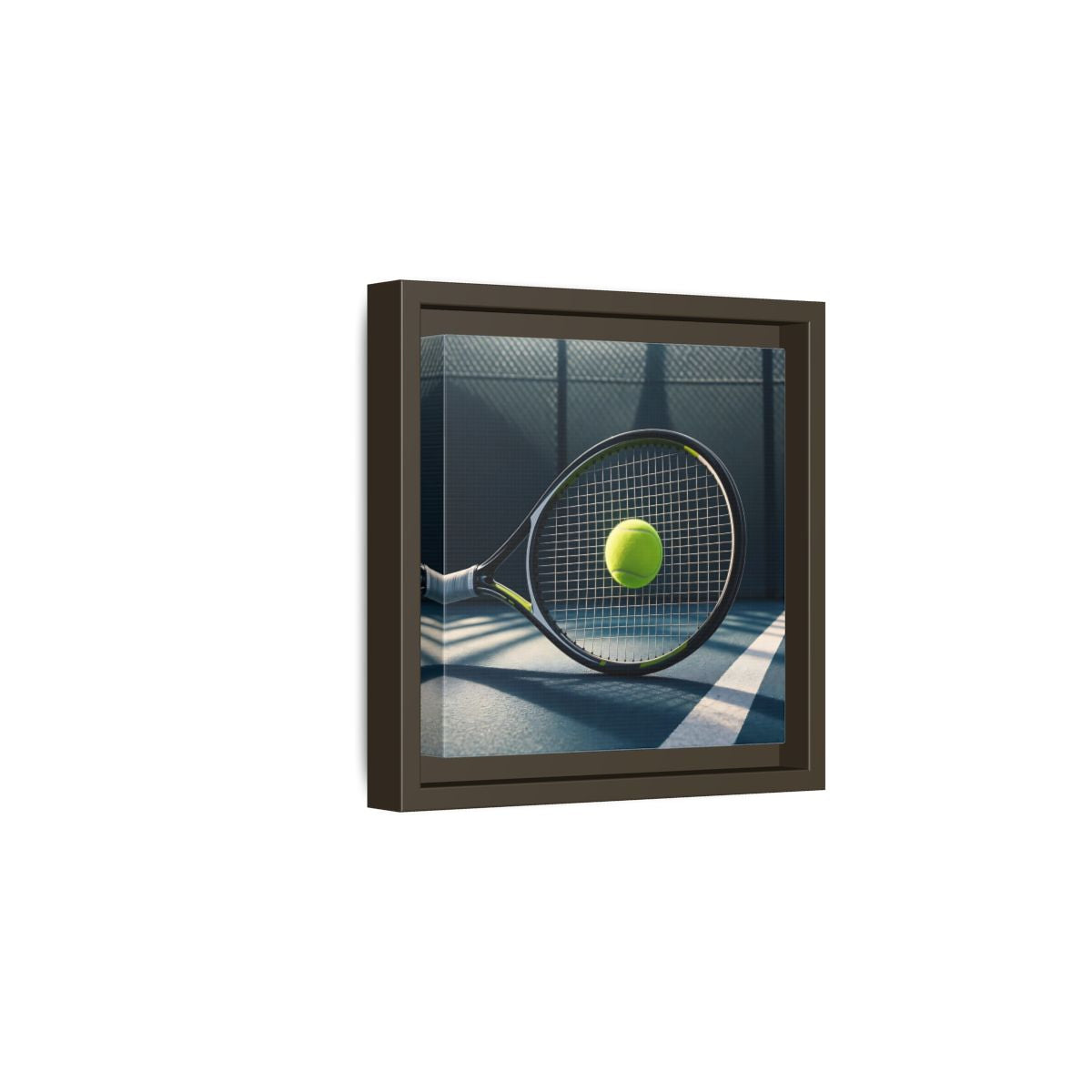 Side Mockup 2. Tennis Racket & Ball shown as framed canvas print