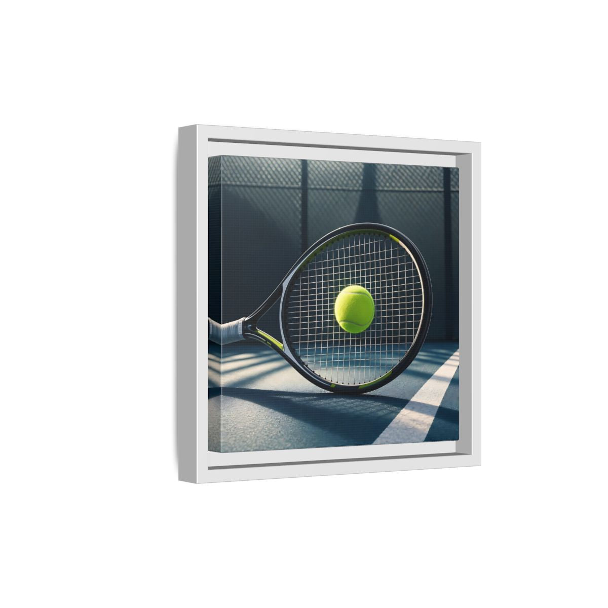 Side Mockup 19. Tennis Racket & Ball shown as framed canvas print