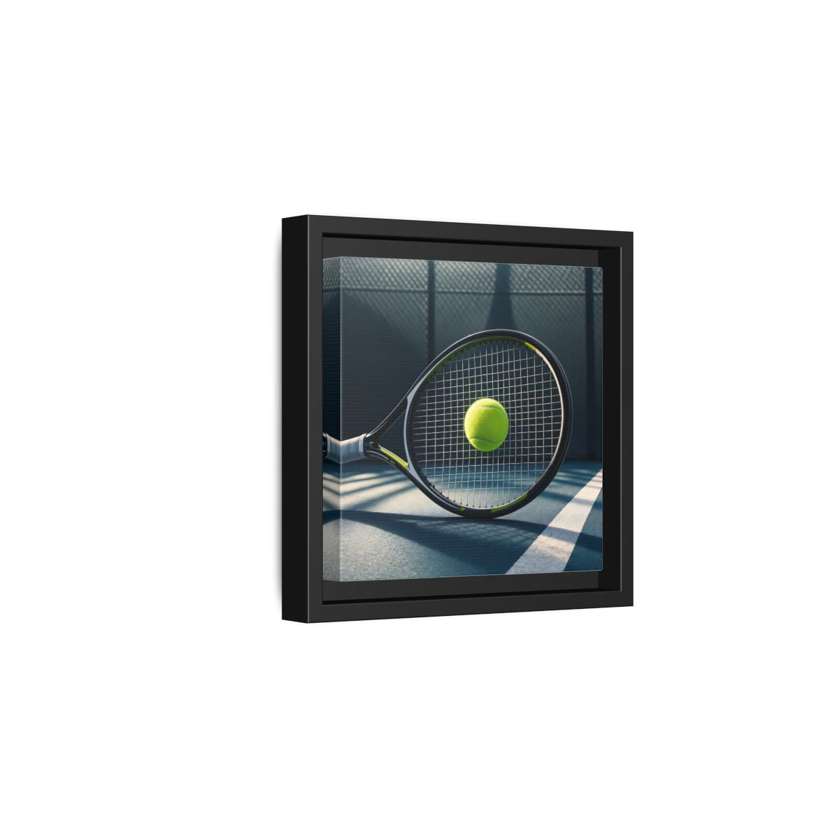 Side Mockup 3. Tennis Racket & Ball shown as framed canvas print