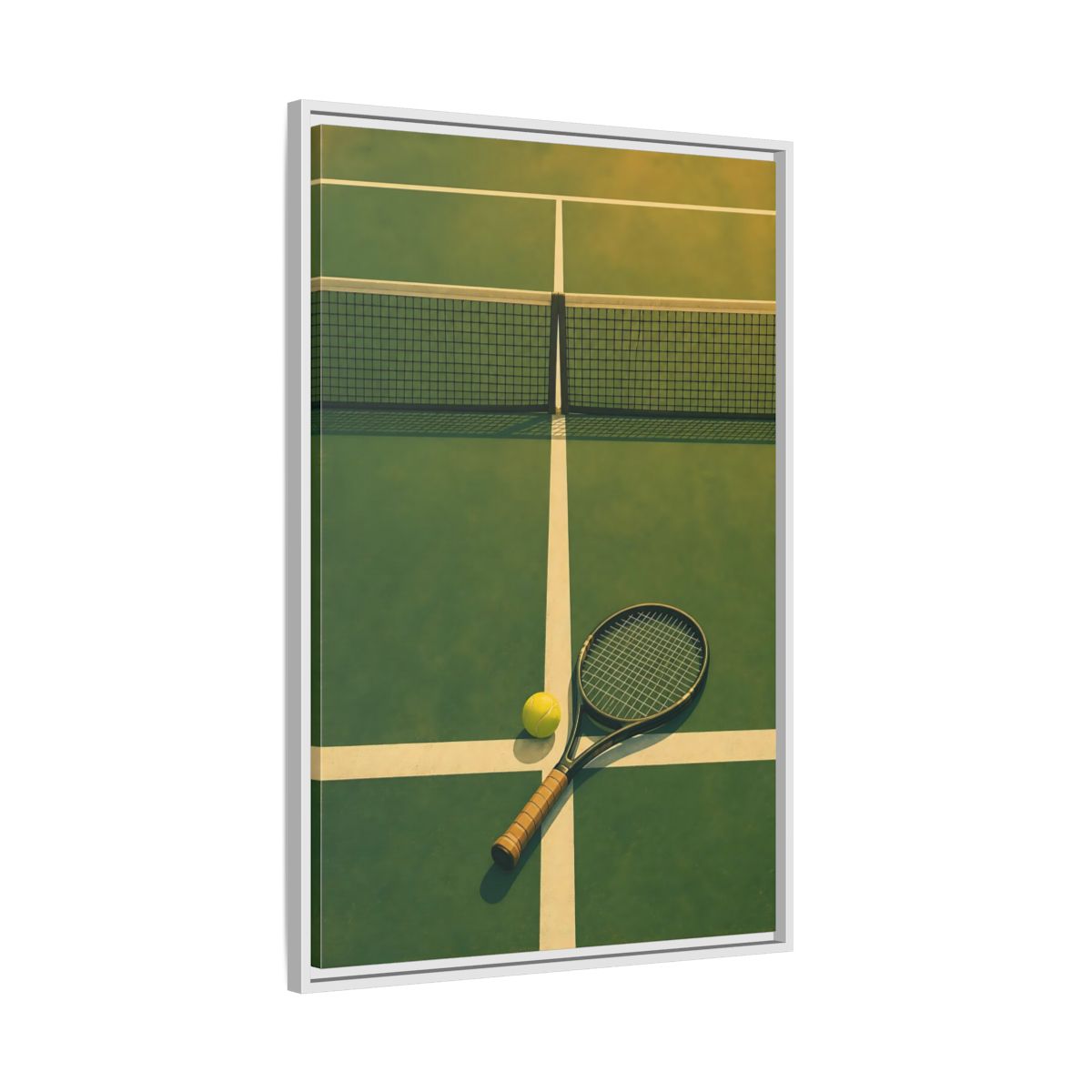 Side Mockup 9. Tennis Racket On Court shown as framed canvas print