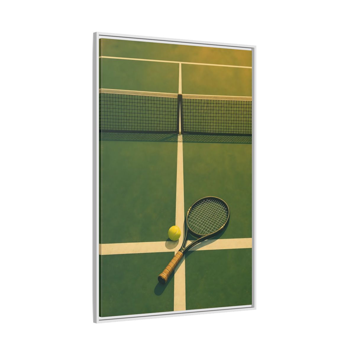 Side Mockup 7. Tennis Racket On Court shown as framed canvas print