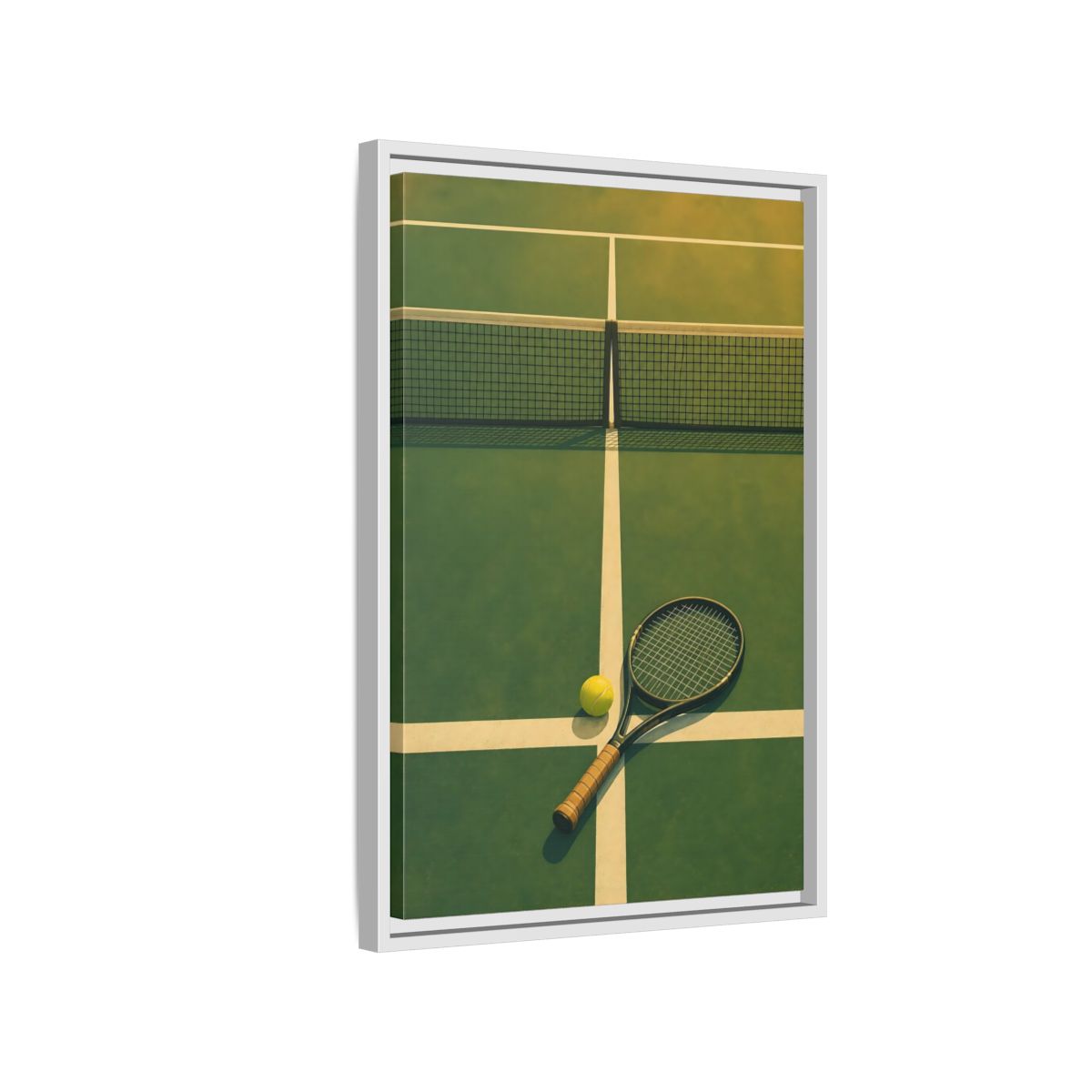 Side Mockup 1. Tennis Racket On Court shown as framed canvas print