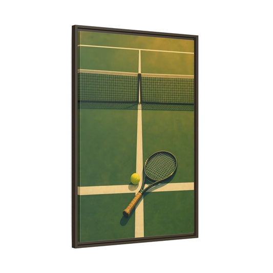Main Mockup. Tennis Racket On Court shown as framed canvas print