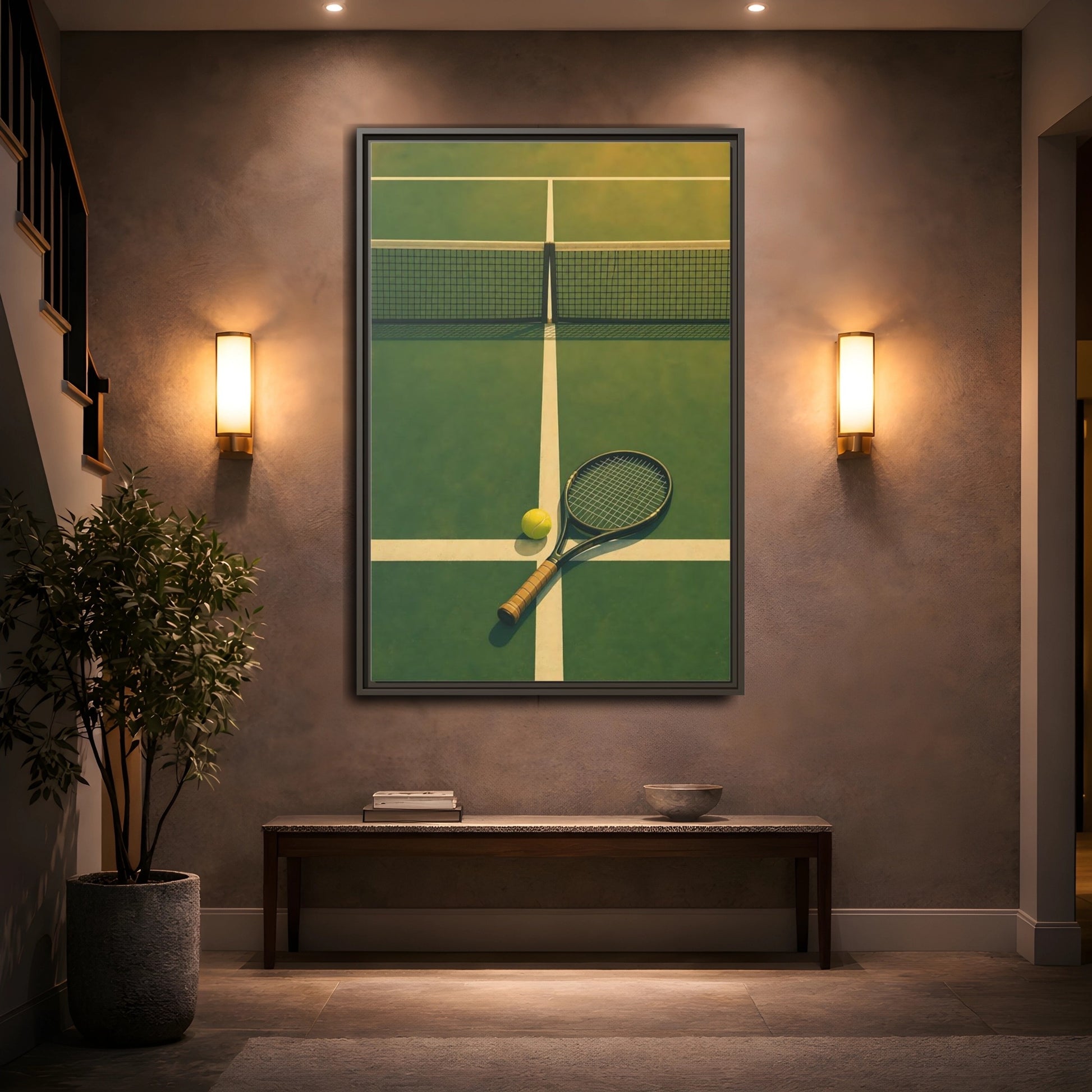 Mockup 2. Tennis Racket On Court shown as framed canvas print