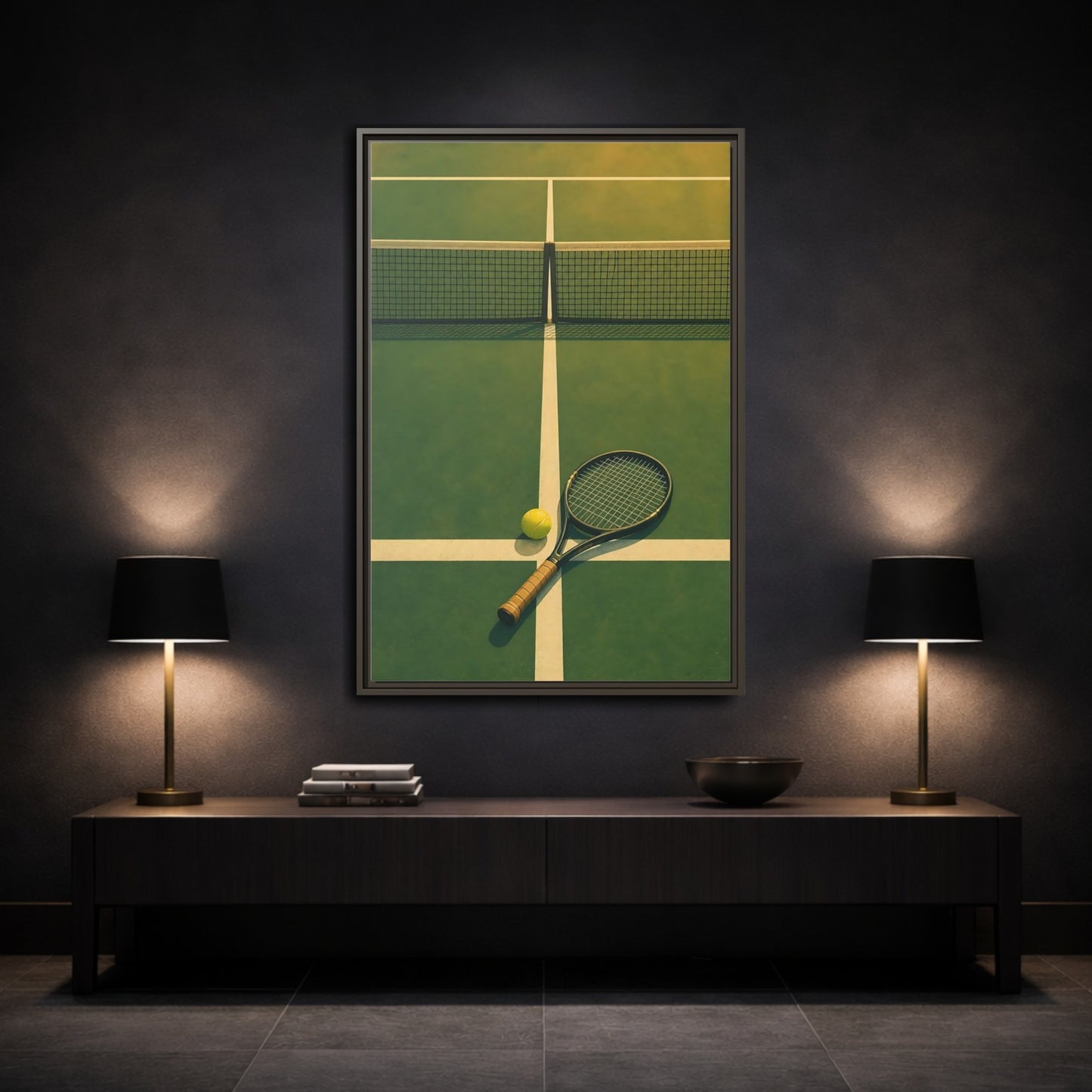 Mockup 3. Tennis Racket On Court shown as framed canvas print