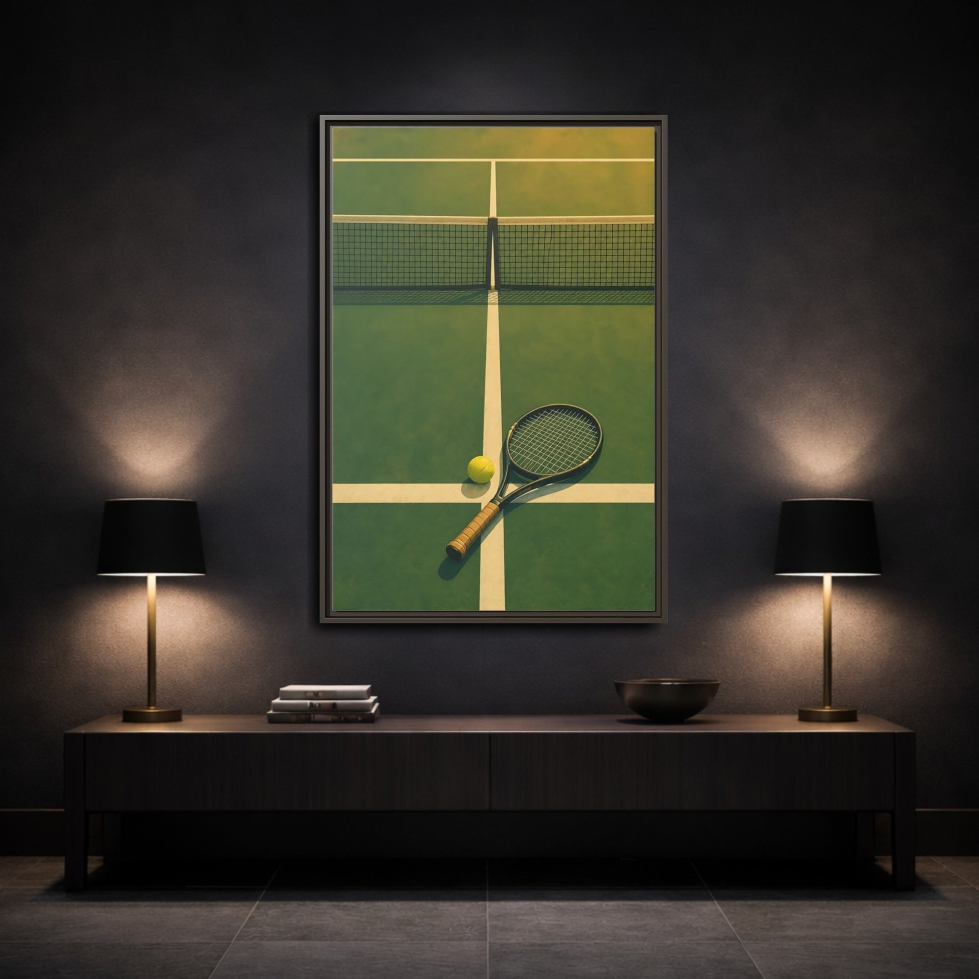 Mockup 3. Tennis Racket On Court shown as framed canvas print