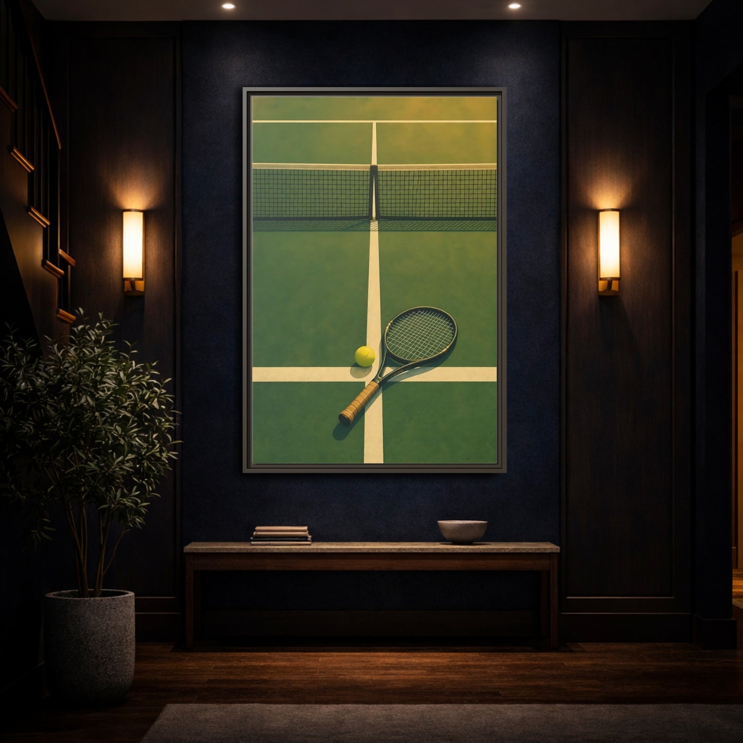 Mockup 4. Tennis Racket On Court shown as framed canvas print